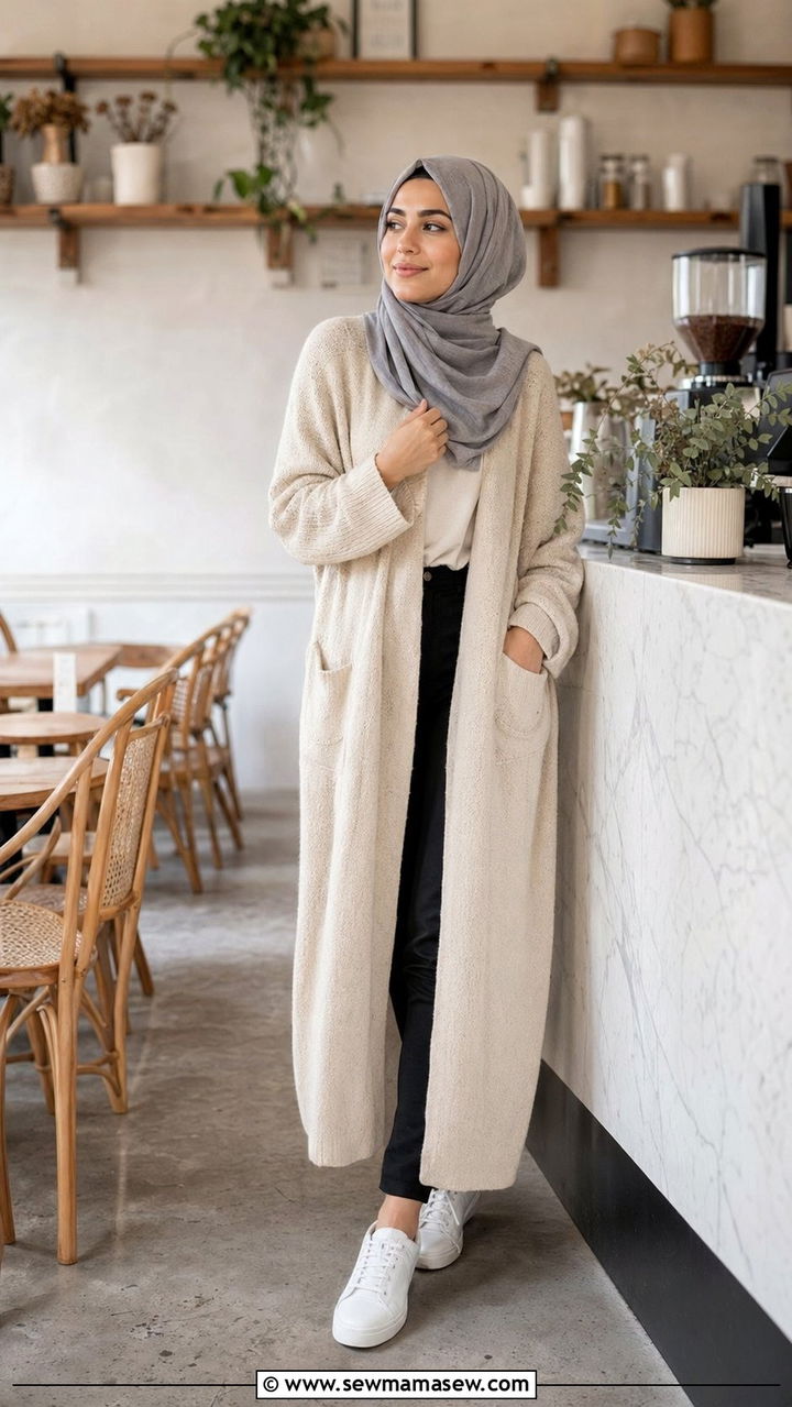 Long cardigan layered with slim pants - 35 Modest outfit ideas for Muslim women