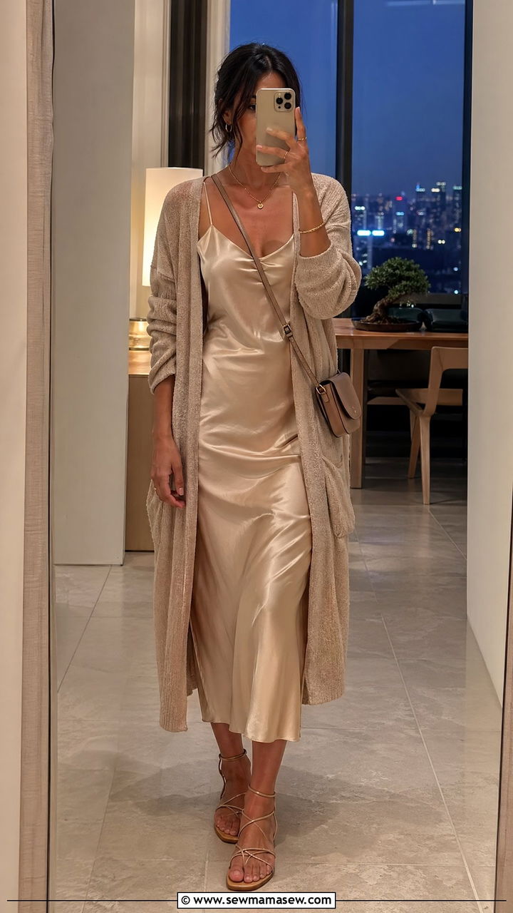 Long cardigan over a slip dress - 35 Summer outfits with cardigans