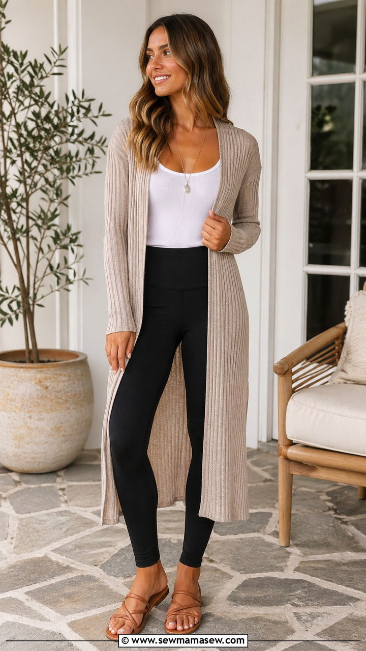 Long cardigan with leggings and tank top - 30 spring leggings outfit ideas