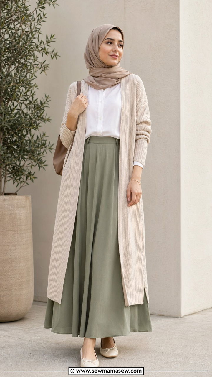 Long cardigan with maxi skirt - 35 Modest outfit ideas for hijabis