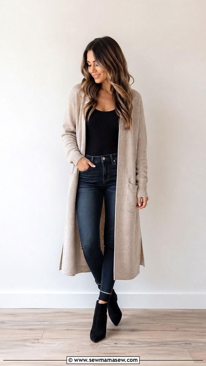 Long cardigan with skinny jeans - 30 Spring layering outfits
