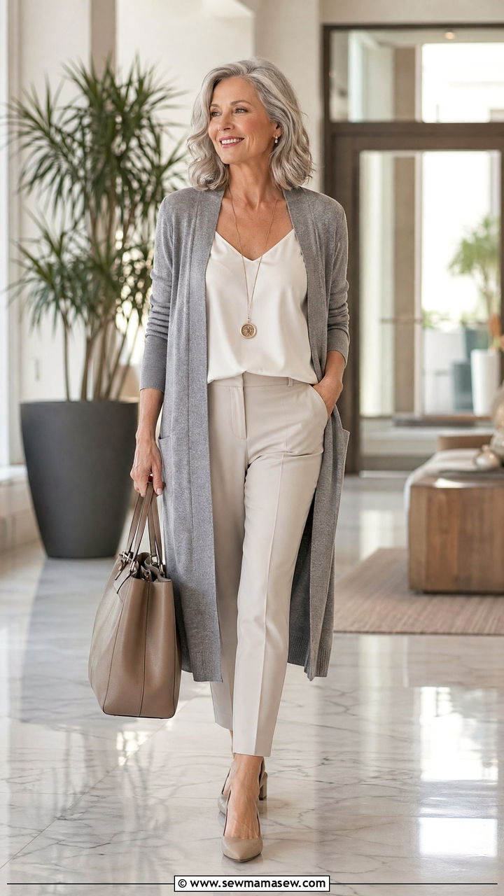 Long cardigan with tailored pants - 35 Work outfits for women over 50