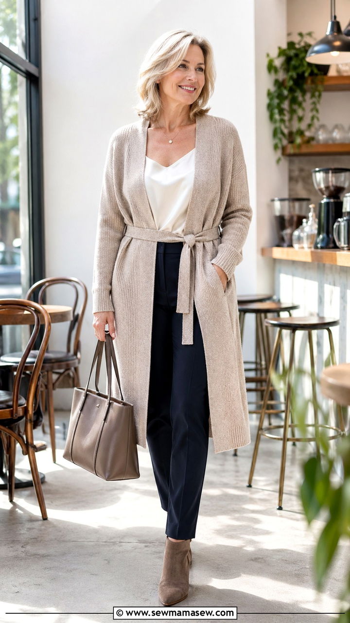 Long cardigan with tailored trousers - 30 Sophisticated outfit ideas for women over 50