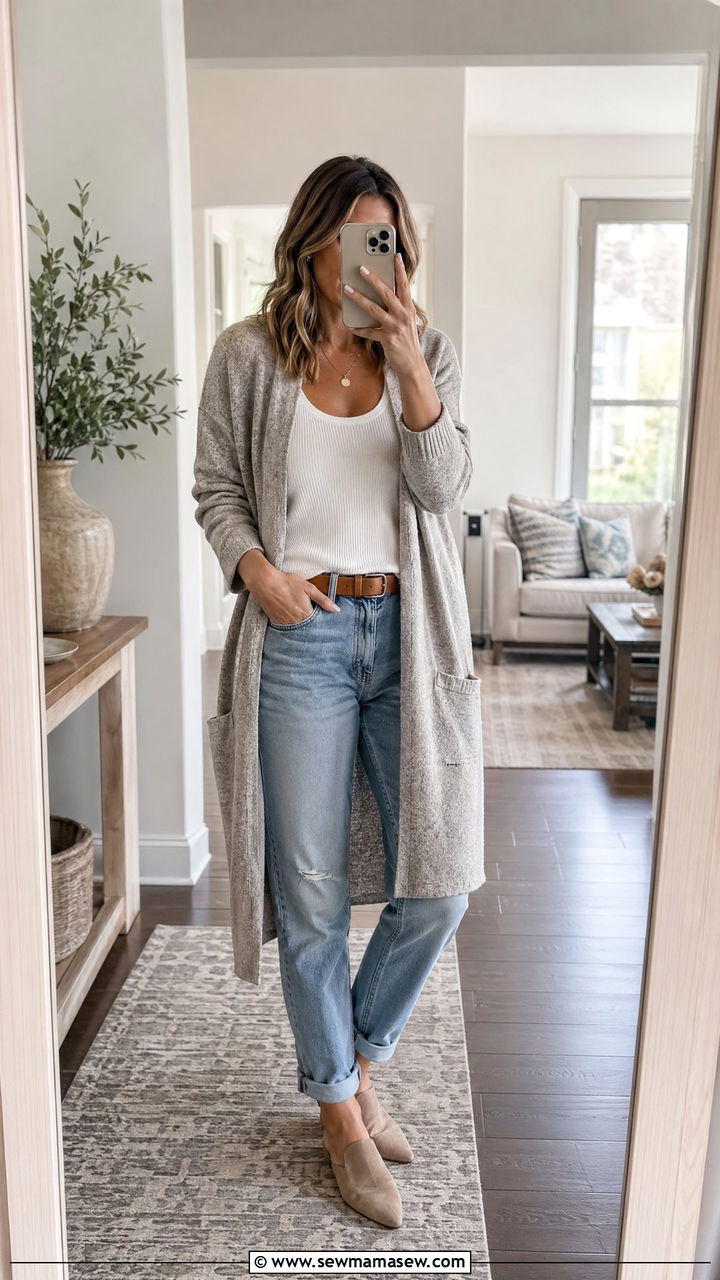 Long cardigan with tank top and boyfriend jeans - 35 Transitional wardrobe ideas