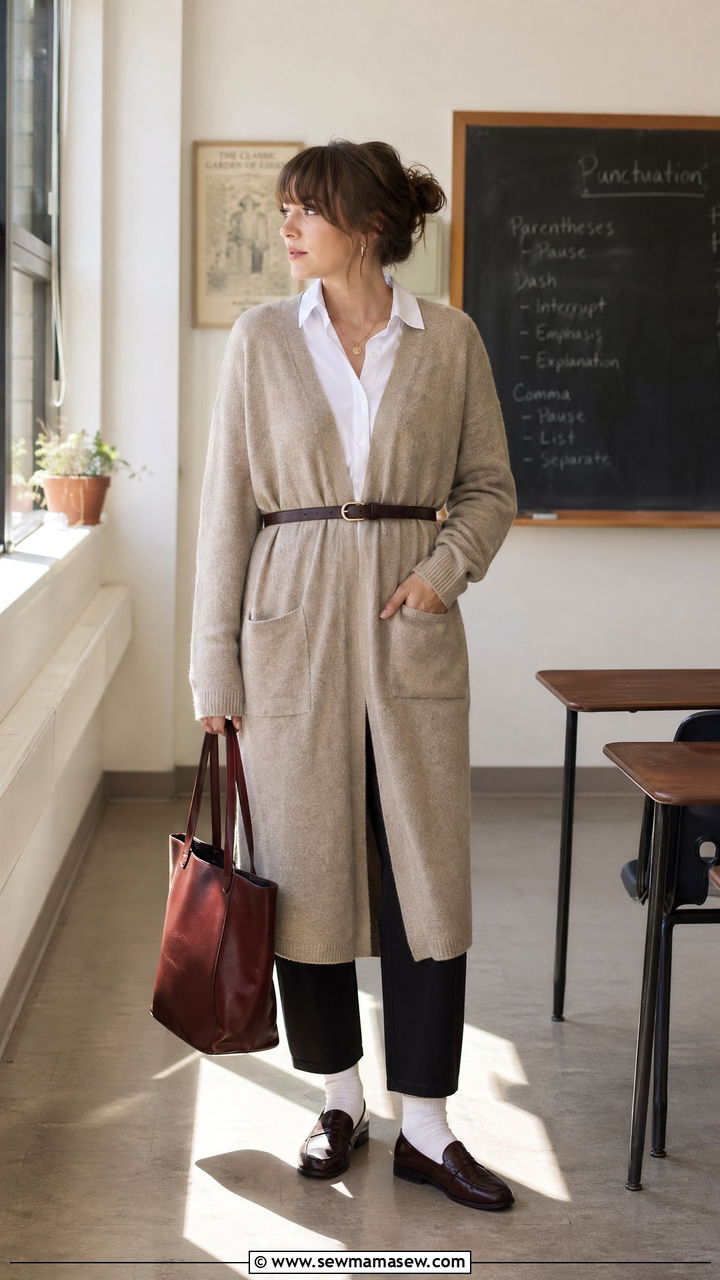 Long cardigan with white button down teacher outfit - 35 spring outfits for teachers