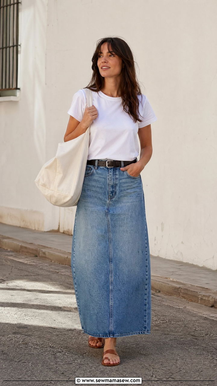 Long denim skirt with white tee outfit - 35 spring comfy outfit ideas