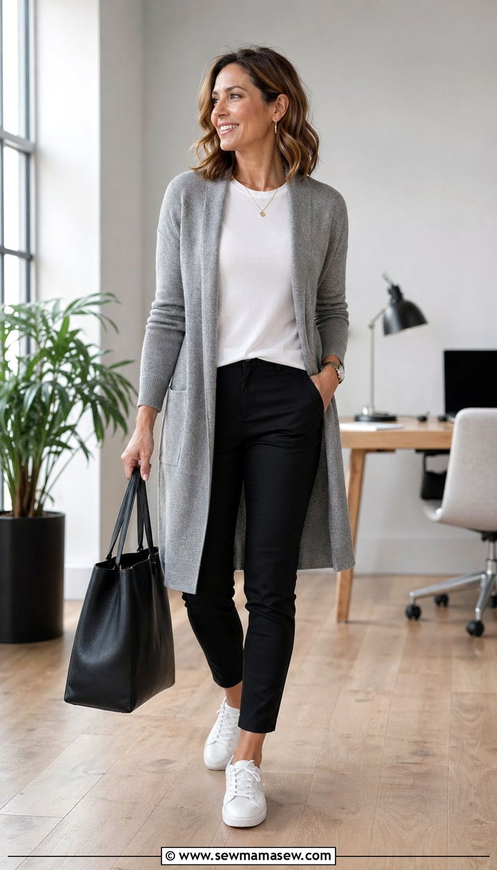 Long grey cardigan with black pants and white tee - 30 work outfits for women over 30