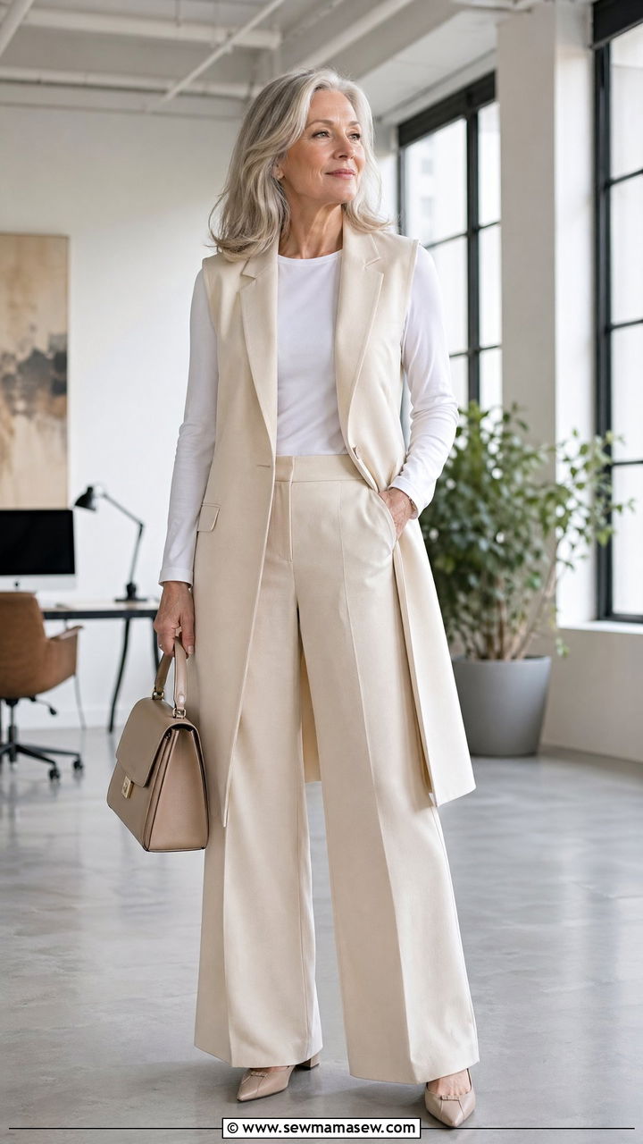 Long line vest with wide leg pants - 35 Work outfits for women over 50