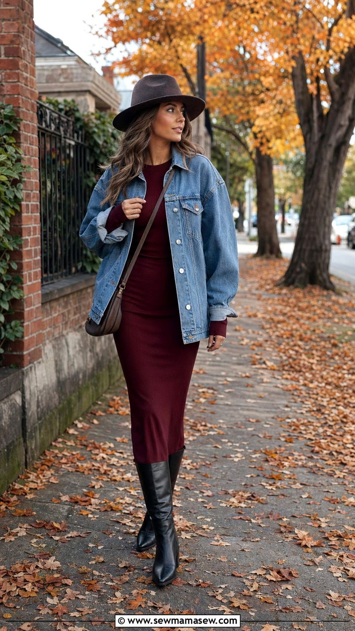 Long sleeve bodycon dress with denim jacket - 30 Bodycon dress outfit ideas with a denim jacket