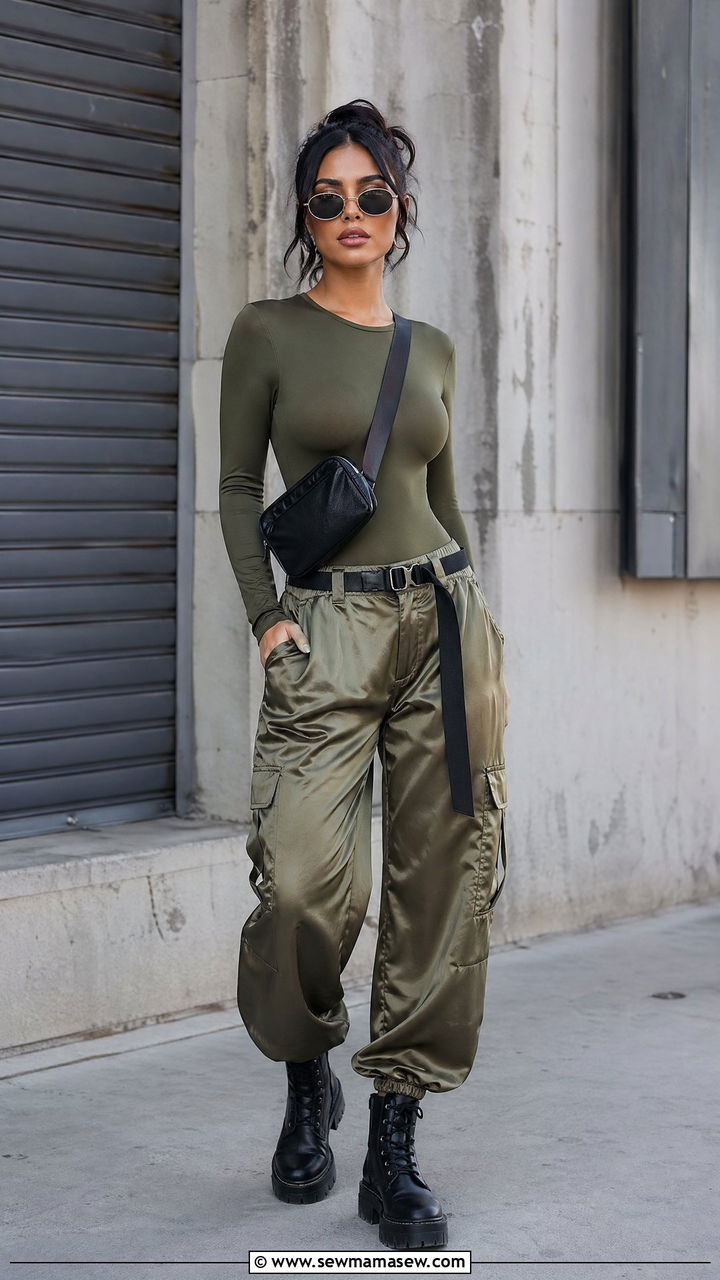 Long sleeve bodysuit and cargo pants matching set - 35 cute matching set outfits