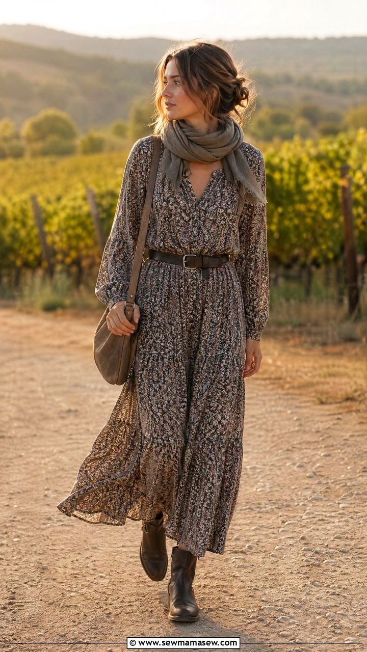 Long sleeve maxi dress with a waist cinching leather belt - 35 transitional french girl outfit ideas