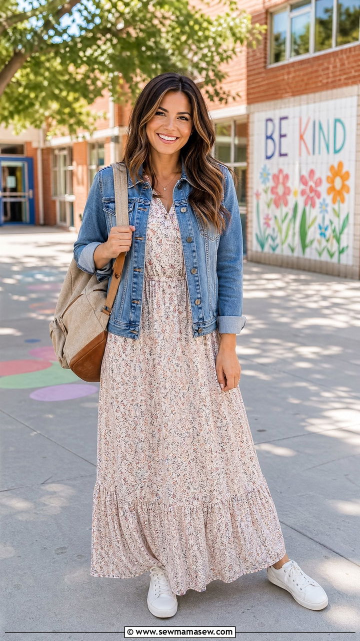 Long sleeve maxi dress with denim jacket and white sneakers - 35 Teacher outfit ideas for school