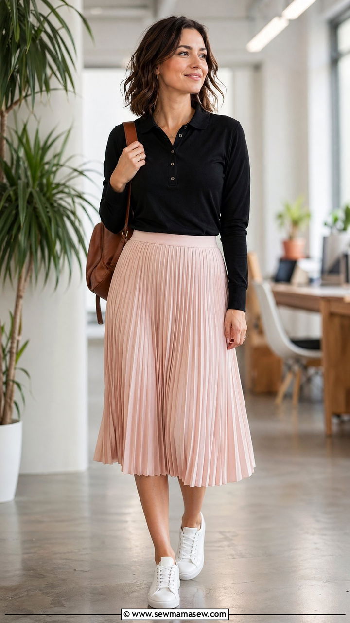 Long sleeve polo and pleated midi skirt work outfit for women - 35 work outfits for women