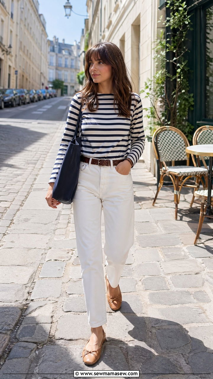 Long sleeve striped tee with white jeans - 35 Summer Paris outfit ideas