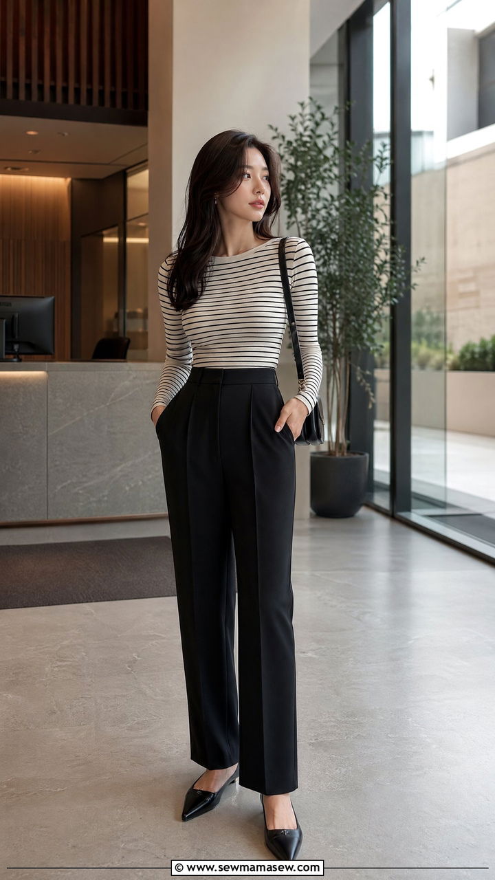Long sleeve tee with high waisted trousers and pointed flats - 35 transitional outfits for women