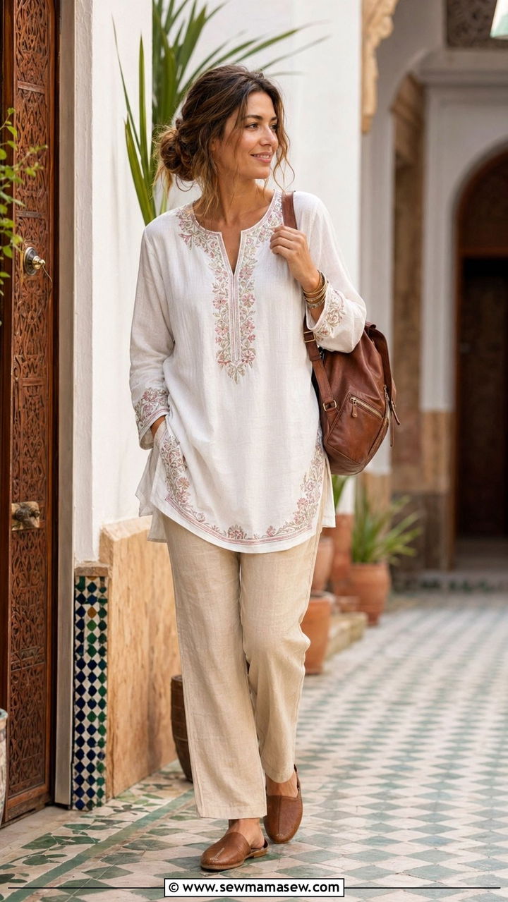 Long sleeve tunic and straight leg linen pants - 35 Morocco vacation outfit ideas