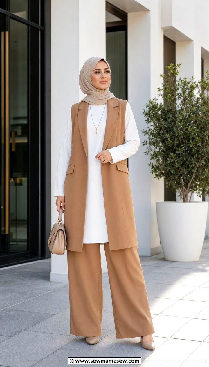 Long vest over tunic and wide leg trousers outfit - 35 Modest work outfit ideas