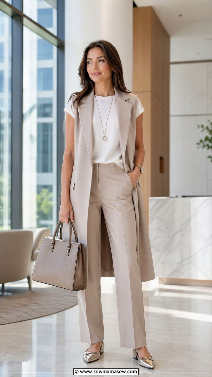 Long vest with relaxed trousers and pointed toe flats for the office - 35 Spring outfit ideas 2026