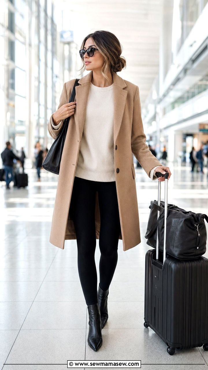 Long wool coat and leggings airport outfit - 30 Airport outfit ideas with leggings