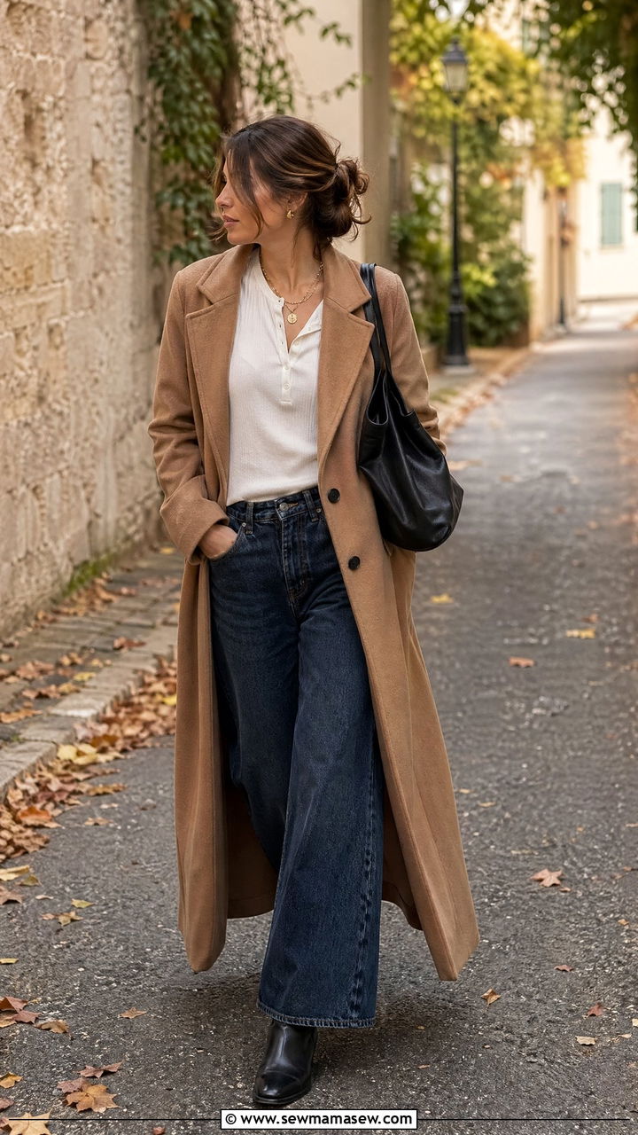 Long wool coat thrown over a henley and wide leg jeans - 35 transitional french girl outfit ideas