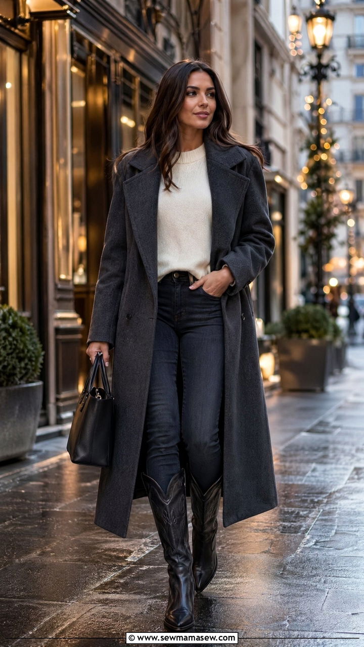 Long wool coat with skinny jeans and cowboy boots - 35 cowboy boots outfit ideas