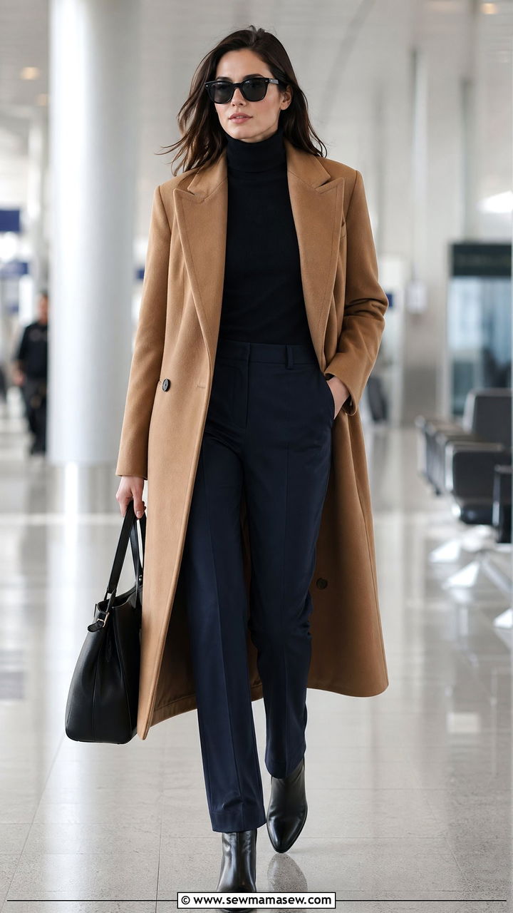 Long wool coat with turtleneck and straight trousers long flight - 40 Long flight outfit ideas