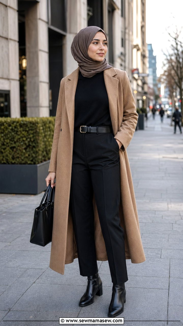 Long wool coat with turtleneck and trousers - 35 Modest outfit ideas for Muslim women