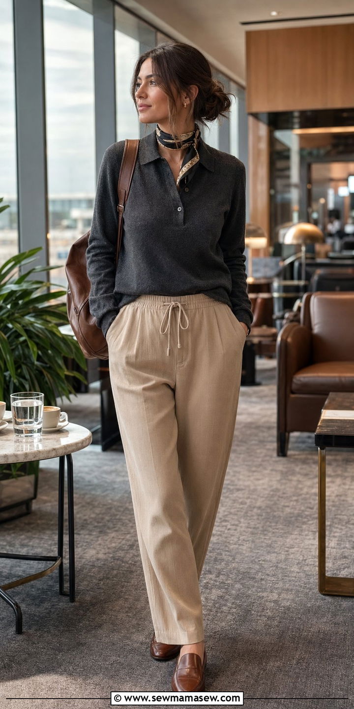 LongSleeve Polo and Drawstring Trousers - 30 Airport outfit ideas for red eye flight
