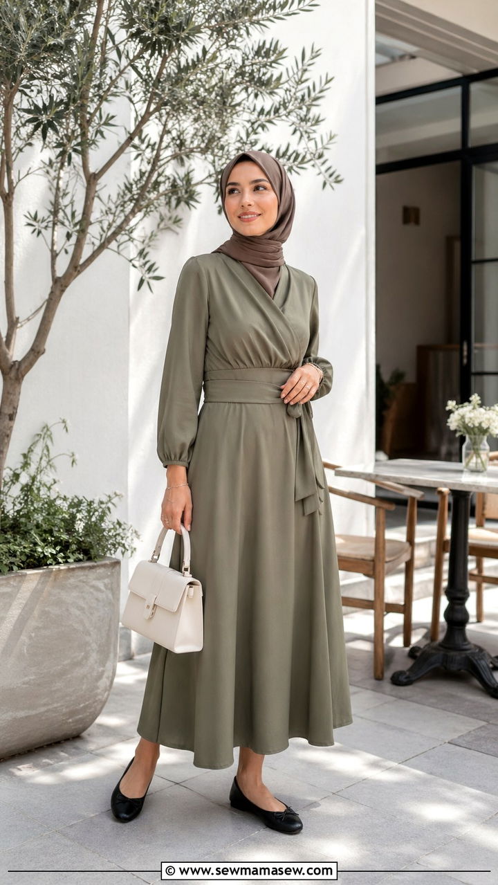 LongSleeve Wrap Dress With Ballet Flats - 30 Spring capsule wardrobe modest