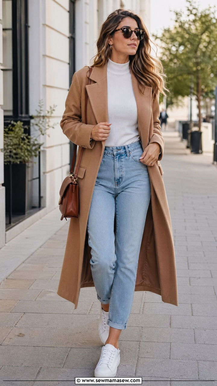 Longline Camel Coat Over a Mock Neck Top With Mom Jeans and Sneakers - 35 comfy outfit ideas for women