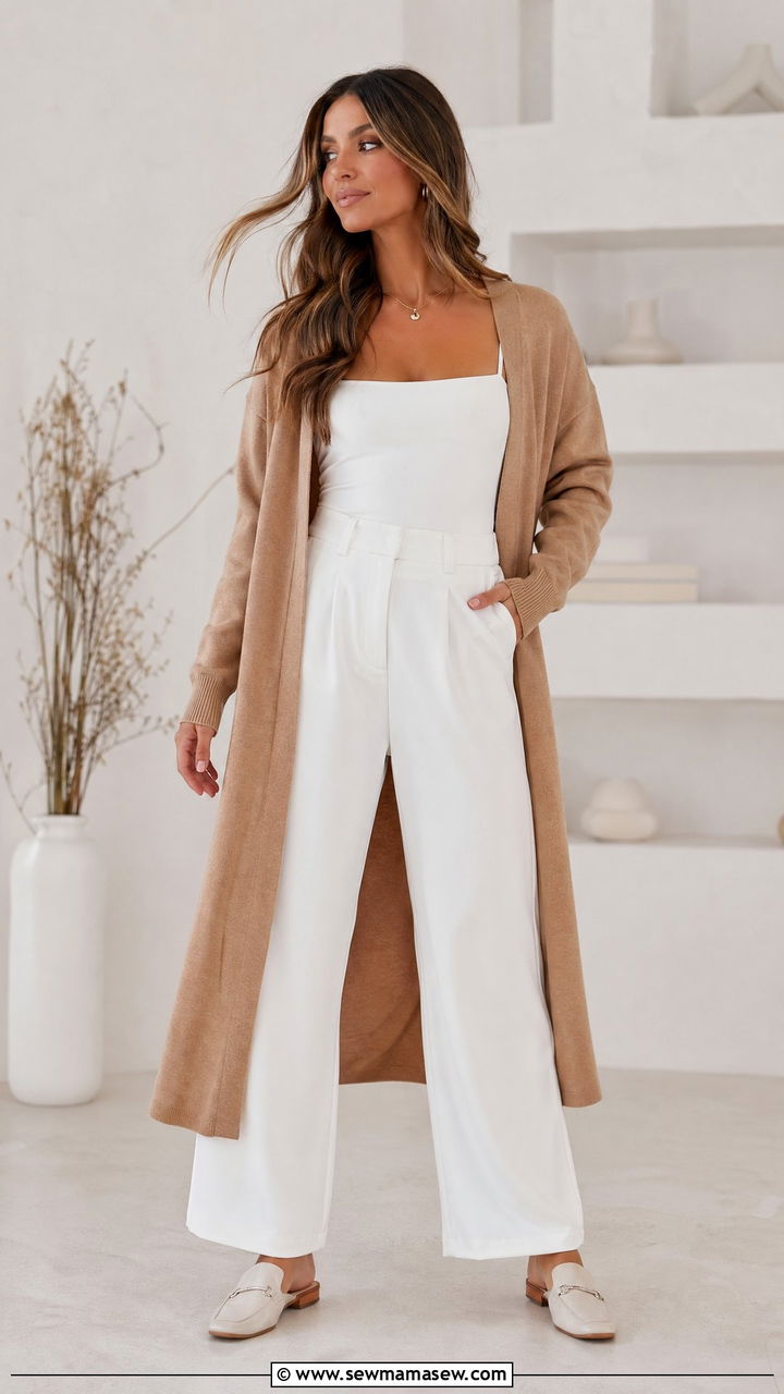 Longline Cardigan With Bodysuit And White Wide Leg Pants - 35 Windy spring outfits