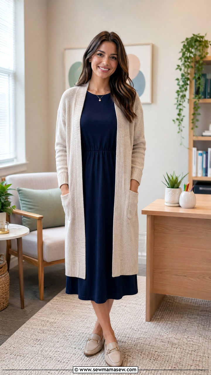 Longline Cardigan With Navy Midi Dress And Loafers - 35 Counselor outfit ideas