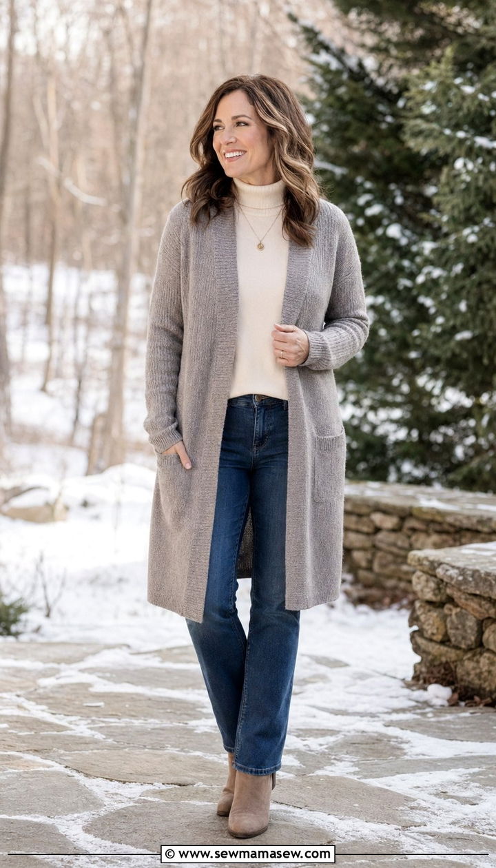 Longline Cardigan With Turtleneck and Jeans - 35 Modest outfit ideas for moms