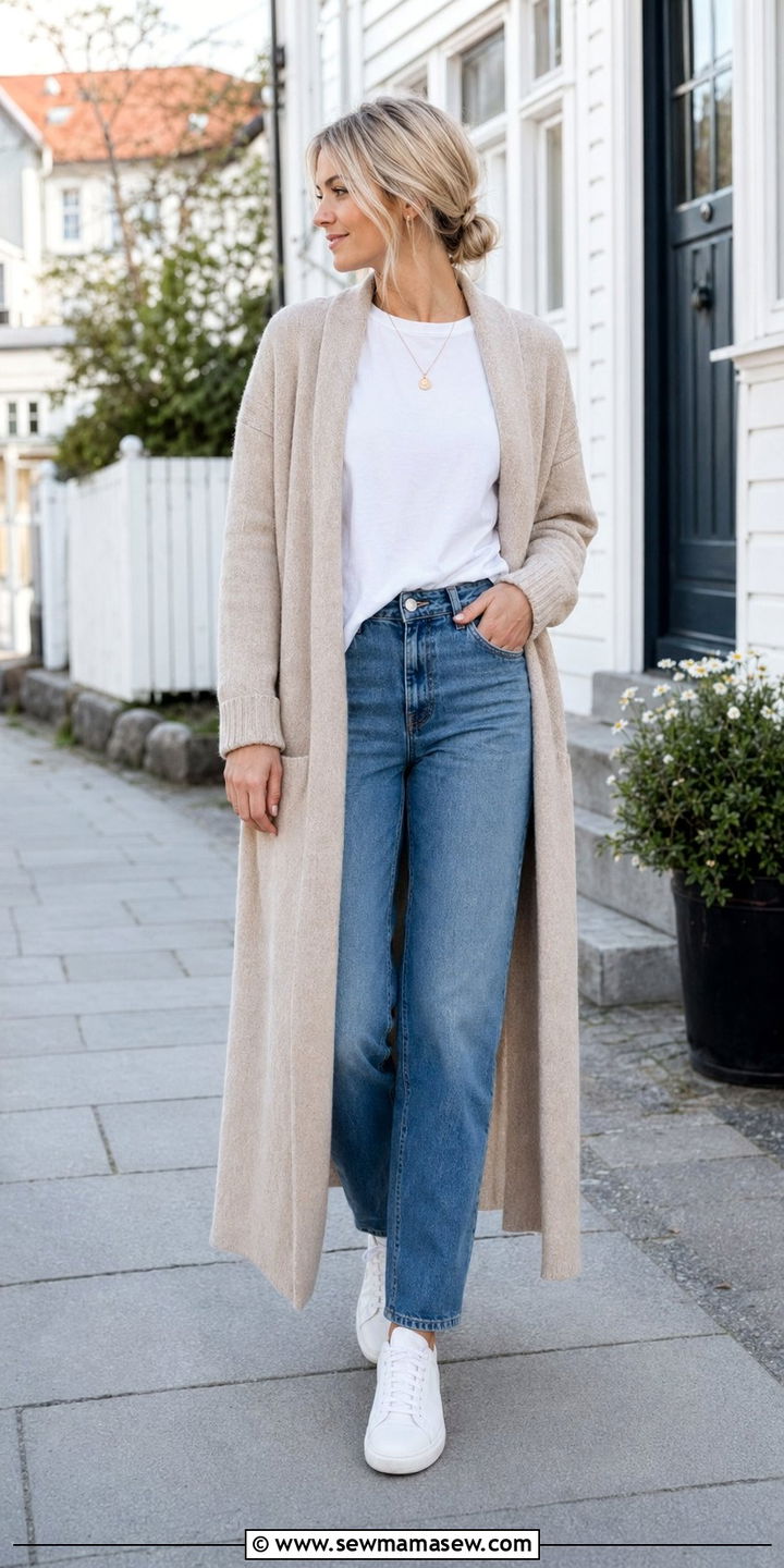 Longline Cardigan and Straight Jeans Outfit - 35 scandinavian outfits for women