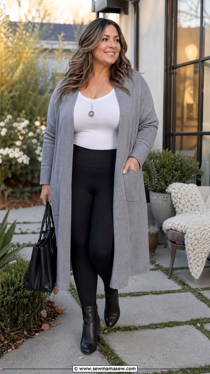 Longline Cardigan with Fitted Tee and Leggings - 35 Curvy outfits for women over 40