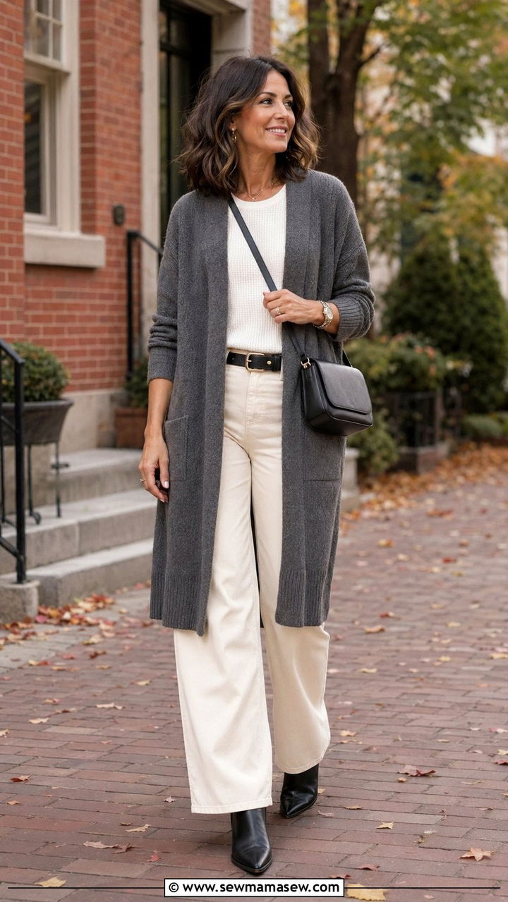 Longline Cardigan with Sleek Ankle Boots - 30 Wide leg jeans outfit ideas for women over 40