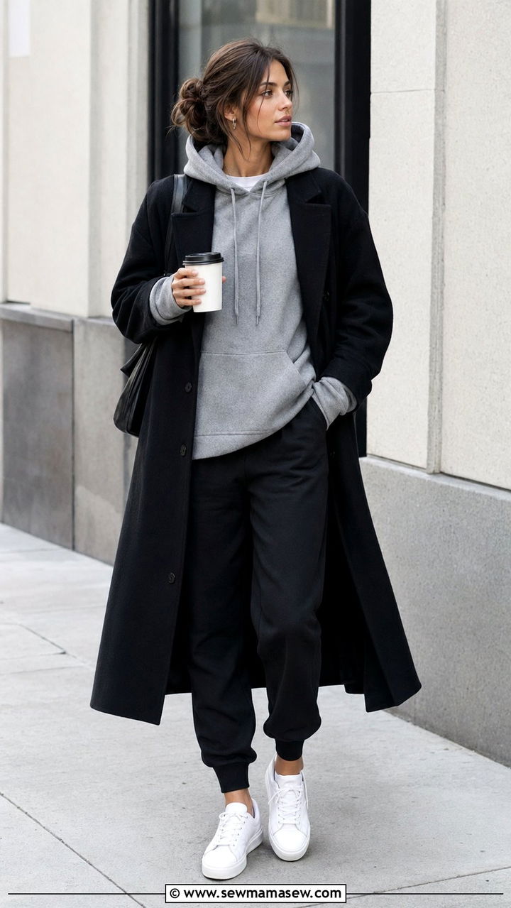 Longline Coat Over Hoodie and Joggers With Minimal Sneakers - 35 Normcore outfit ideas