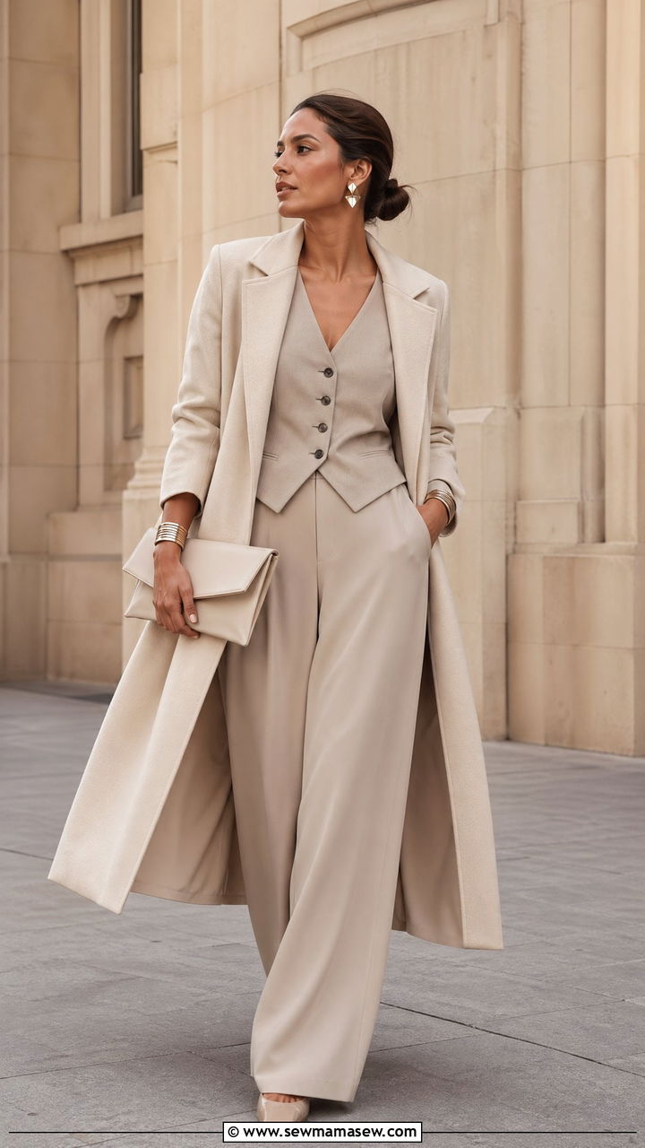 Longline Coat With Tonal Layered Waistcoat - 35 spring quiet luxury outfits