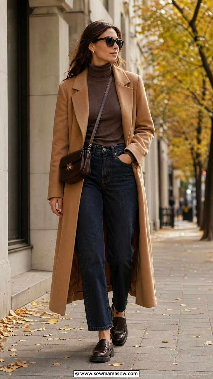 Longline Coat with Straight Leg Jeans and Chunky Loafers - 35 Cute outfits for tall women