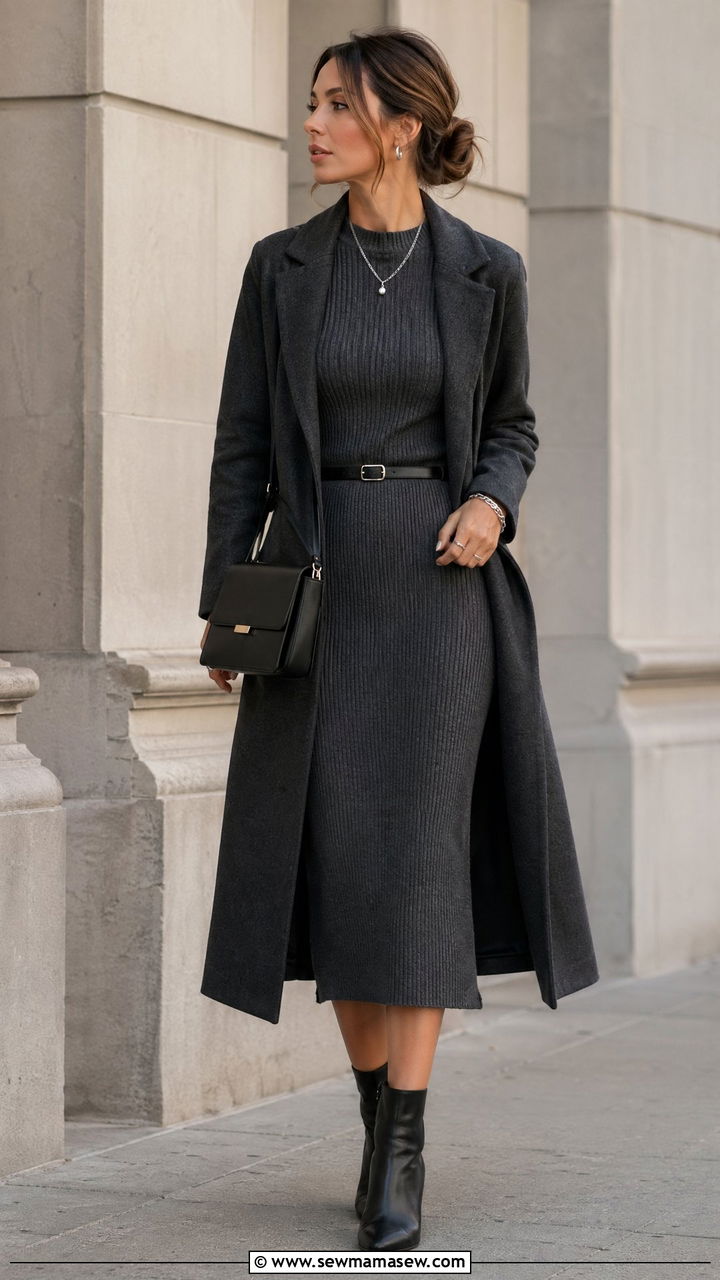 Longline Knit Dress and Ankle Boots Outfit - 35 transitional classy outfit ideas