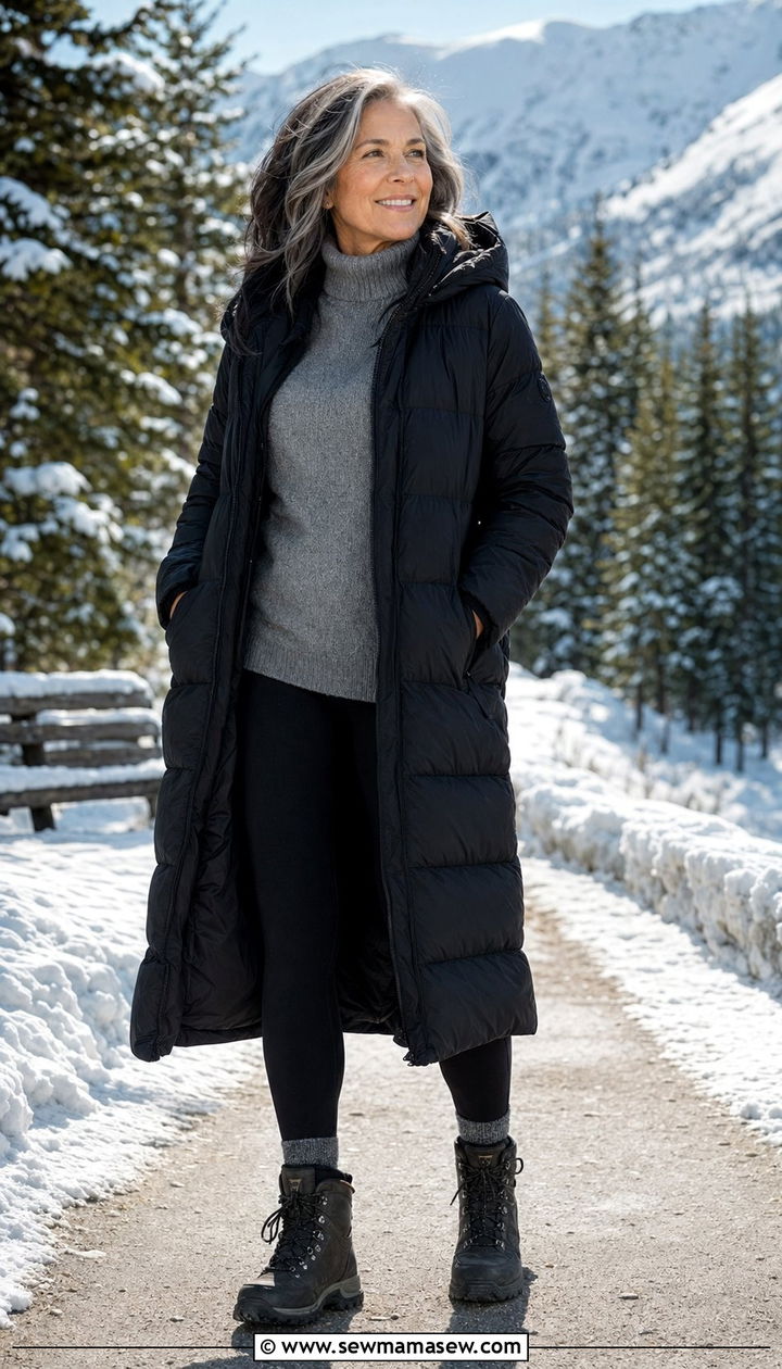 Longline Puffer Jacket With Leggings and Hiking Boots - 30 Best jackets for women over 50
