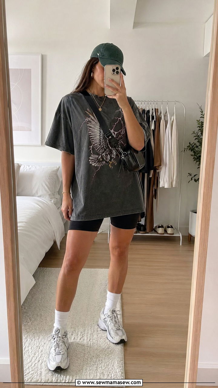Longline T Shirt With Biker Shorts And a Baseball Cap - 35 Streetwear outfit ideas