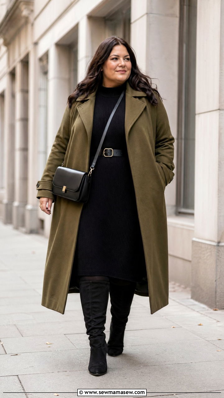 Longline Trench Coat with Knit Dress - 35 classy outfits for plus size women