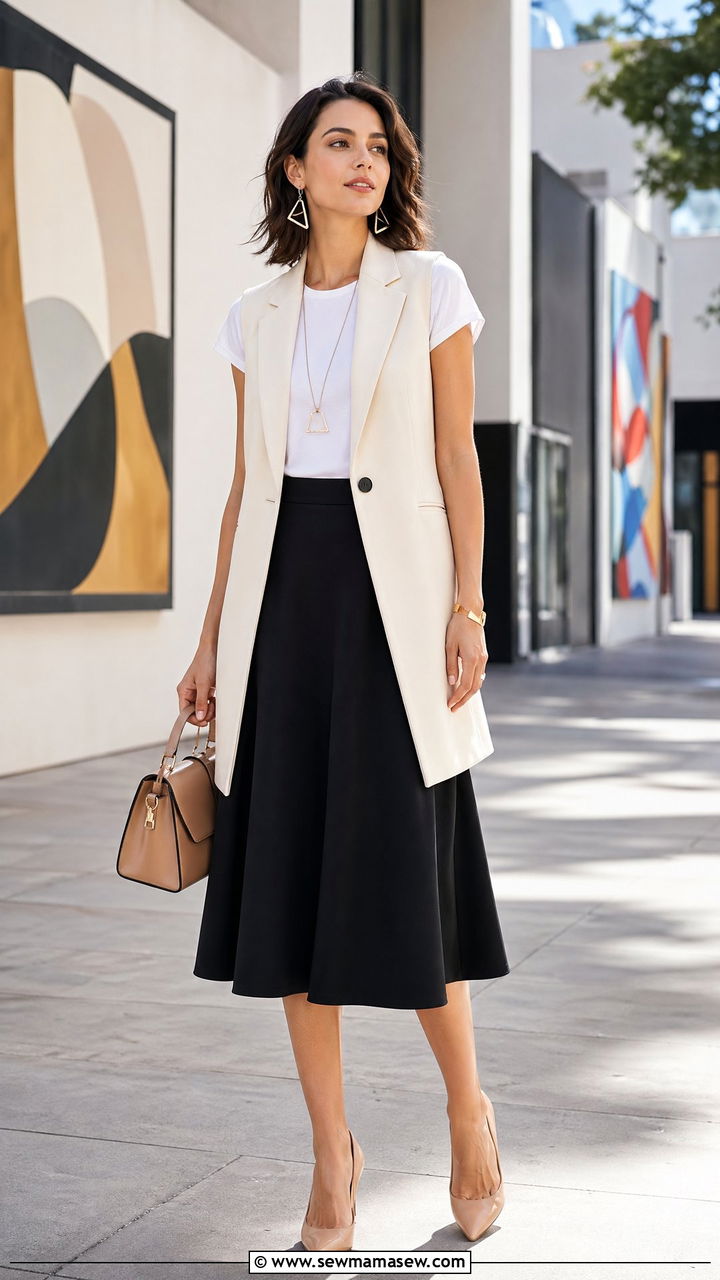 Longline Vest With A Line Skirt - 35 Skirt outfit ideas for women over 40