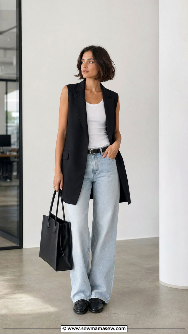 Longline Vest With Fitted Top and Baggy Jeans With Loafers - 30 Baggy jeans outfit ideas with loafers