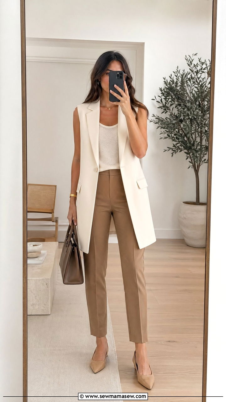 Longline Vest With Slim Trousers And Pointed Flats - 35 spring quiet luxury outfit ideas