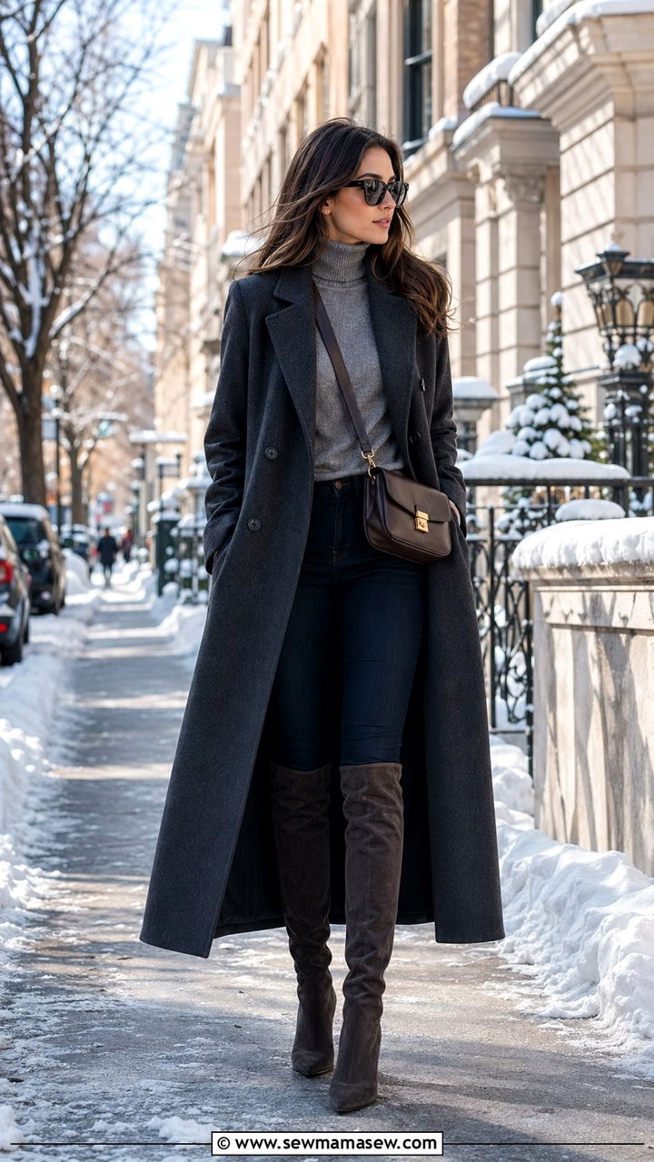 Longline Wool Coat with Skinny Jeans and Knee High Boots - 35 Outfit ideas for tall women