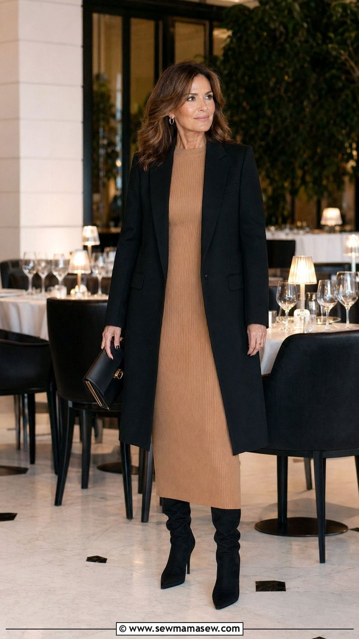 Longline black blazer with ribbed knit dress - 30 Best blazers for women over 50