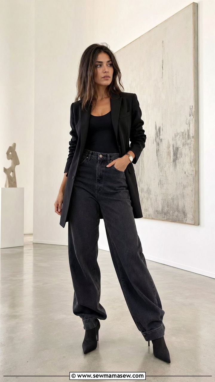 Longline blazer with high waisted baggy jeans - 30 Baggy jeans outfit ideas with a blazer