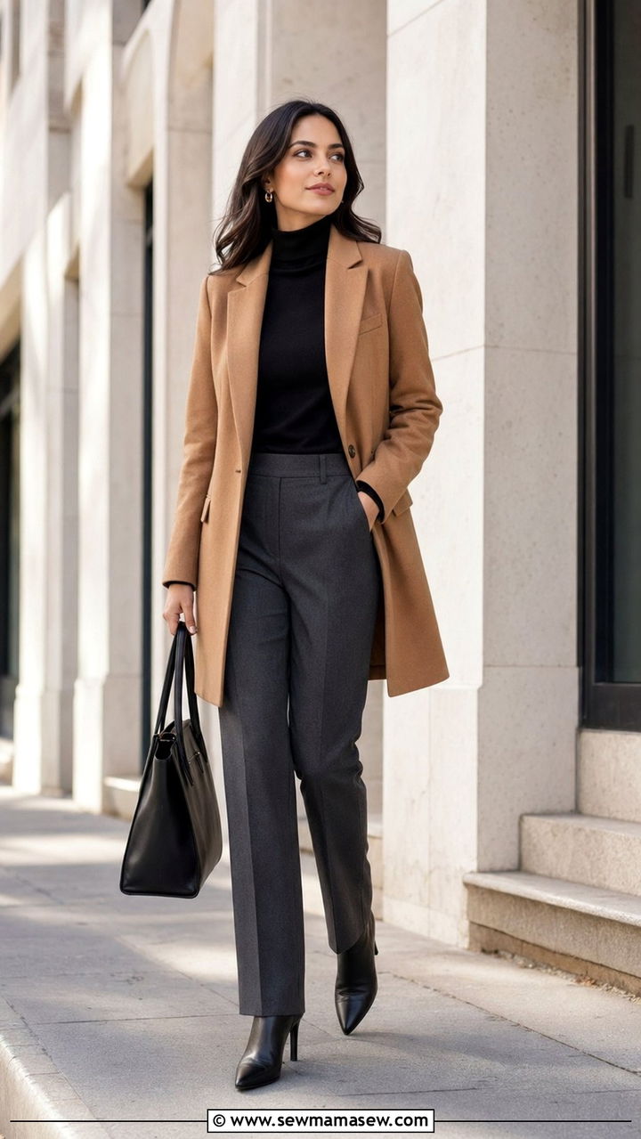 Longline blazer with turtleneck and straight leg trousers outfit - 35 Modest work outfit ideas